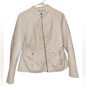 Women's White Leather Bomber Jacket Baccini Size Medium Neutral Going Out Coat